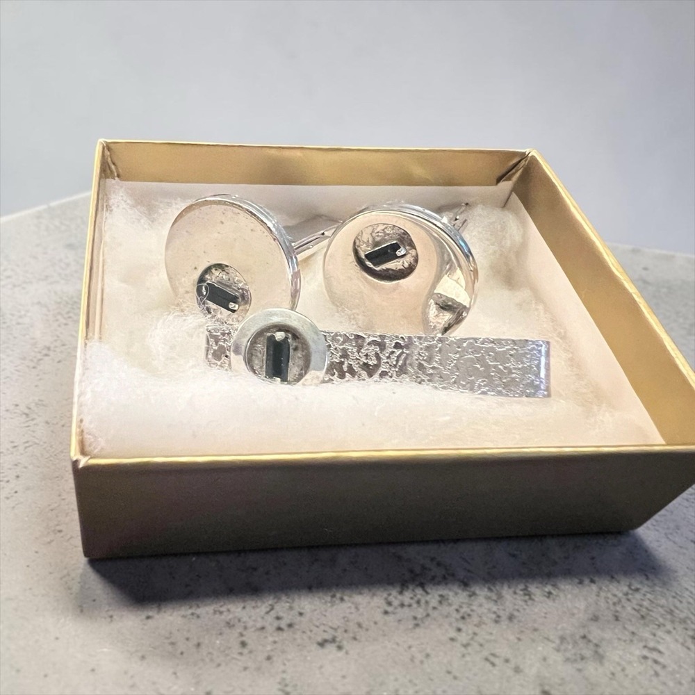 Vintage P&L Silver Tone Cufflinks Tie Bar Set Black Stone Original Box